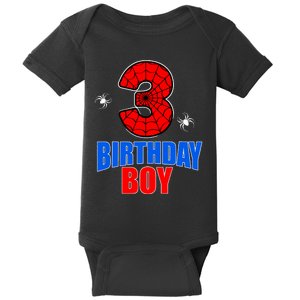 Spider Web Three 3 Years Old 3rd Birthday Boy Party Baby Bodysuit