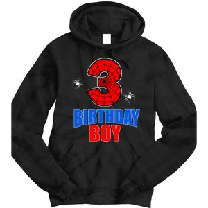 Spider Web Three 3 Years Old 3rd Birthday Boy Party Tie Dye Hoodie