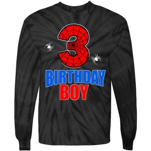 Spider Web Three 3 Years Old 3rd Birthday Boy Party Tie-Dye Long Sleeve Shirt