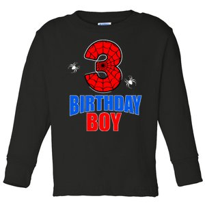 Spider Web Three 3 Years Old 3rd Birthday Boy Party Toddler Long Sleeve Shirt