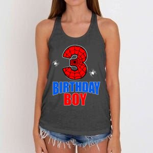 Spider Web Three 3 Years Old 3rd Birthday Boy Party Women's Knotted Racerback Tank