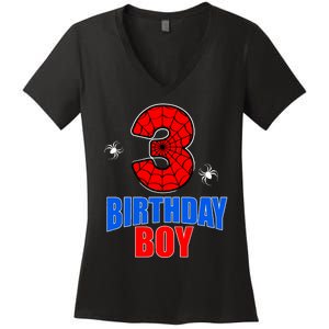 Spider Web Three 3 Years Old 3rd Birthday Boy Party Women's V-Neck T-Shirt