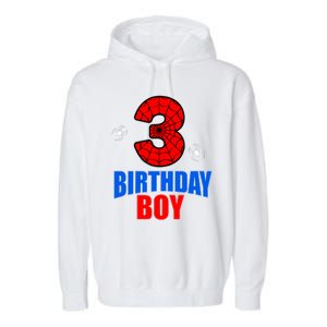 Spider Web Three 3 Years Old 3rd Birthday Boy Party Garment-Dyed Fleece Hoodie