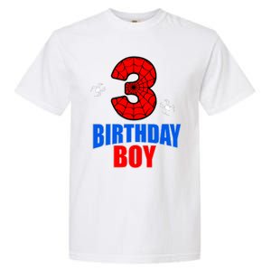 Spider Web Three 3 Years Old 3rd Birthday Boy Party Garment-Dyed Heavyweight T-Shirt