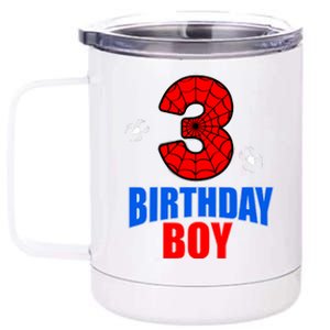 Spider Web Three 3 Years Old 3rd Birthday Boy Party 12 oz Stainless Steel Tumbler Cup