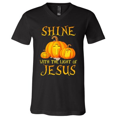 Shine With The Light Of Jesus Christian Halloween Pumpkin V-Neck T-Shirt