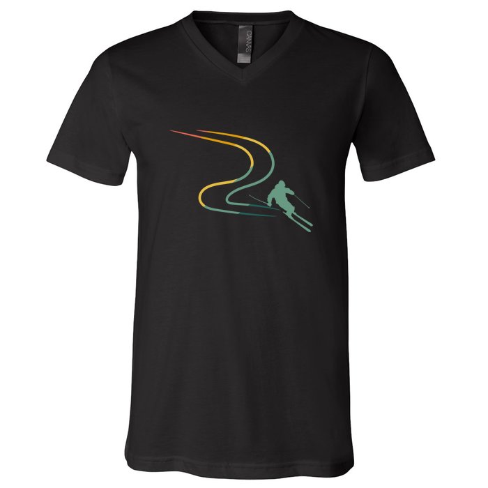 Skier With Tracks In Deep Powder Snow Freeride Gifts V-Neck T-Shirt