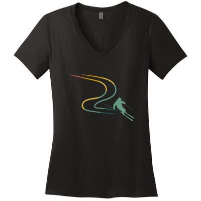 Skier With Tracks In Deep Powder Snow Freeride Gifts Women's V-Neck T-Shirt