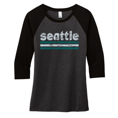 Seattle Washington Three Stripe Vintage Weathered Women's Tri-Blend 3/4-Sleeve Raglan Shirt