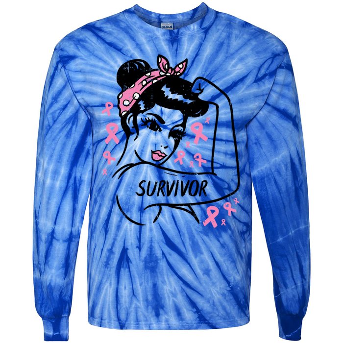 Survivor Warrior Unbreakable Ribbon Breast Cancer Awareness Gift Tie-Dye Long Sleeve Shirt