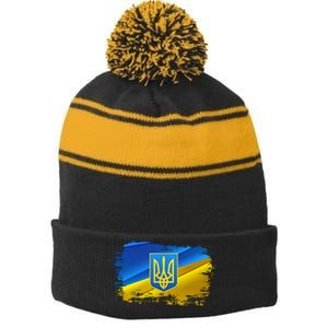 Stand With Ukraine Distressed Coat Of Arms Crest Flag Stripe Pom Pom Beanie