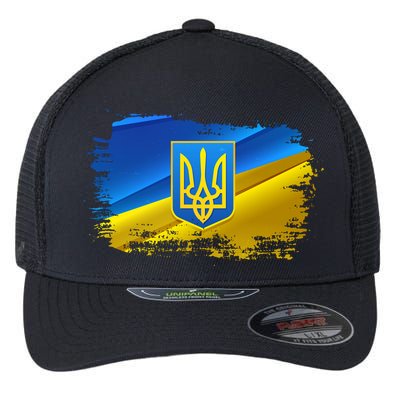 Stand With Ukraine Distressed Coat Of Arms Crest Flag Flexfit Unipanel Trucker Cap