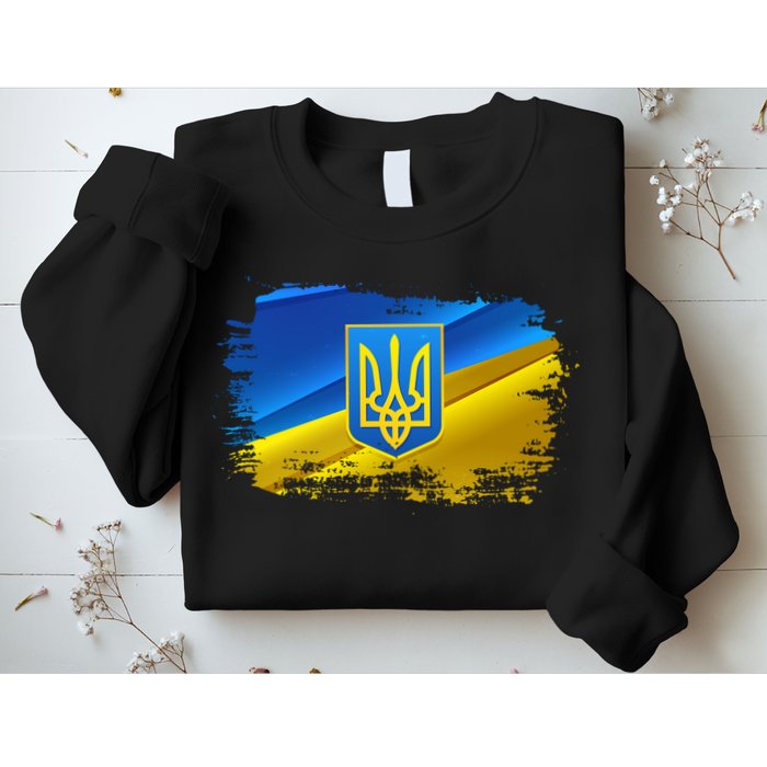 Stand With Ukraine Distressed Coat Of Arms Crest Flag Sweatshirt