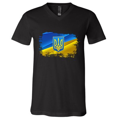 Stand With Ukraine Distressed Coat Of Arms Crest Flag V-Neck T-Shirt