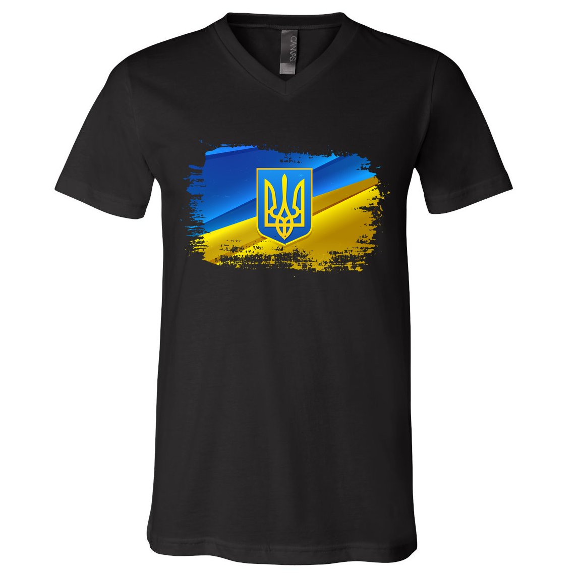 Stand With Ukraine Distressed Coat Of Arms Crest Flag V-Neck T-Shirt