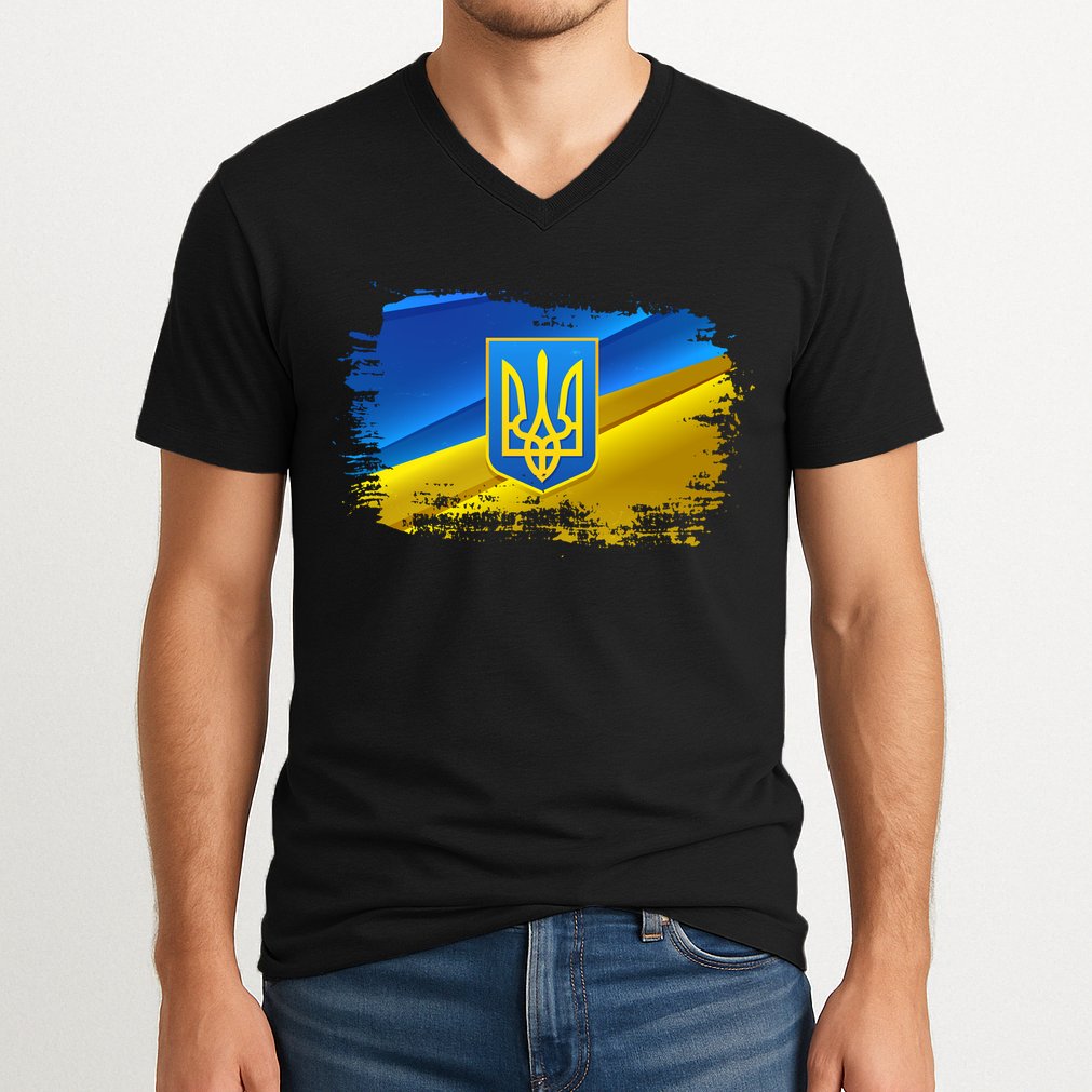 Stand With Ukraine Distressed Coat Of Arms Crest Flag V-Neck T-Shirt