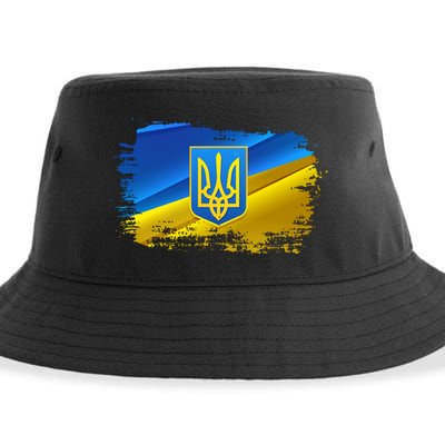 Stand With Ukraine Distressed Coat Of Arms Crest Flag Sustainable Bucket Hat