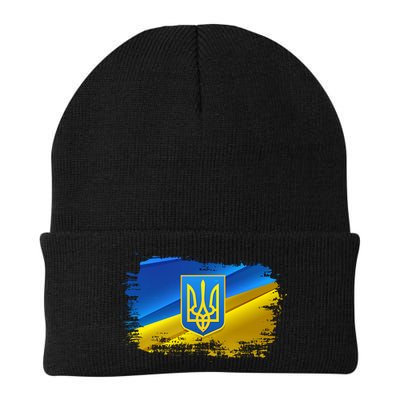 Stand With Ukraine Distressed Coat Of Arms Crest Flag Beanie