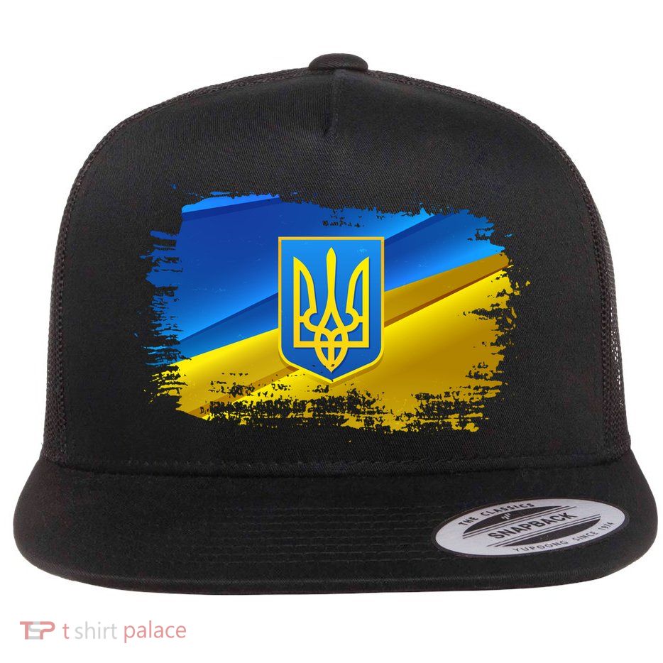 Stand With Ukraine Distressed Coat Of Arms Crest Flag Flat Bill Trucker Hat