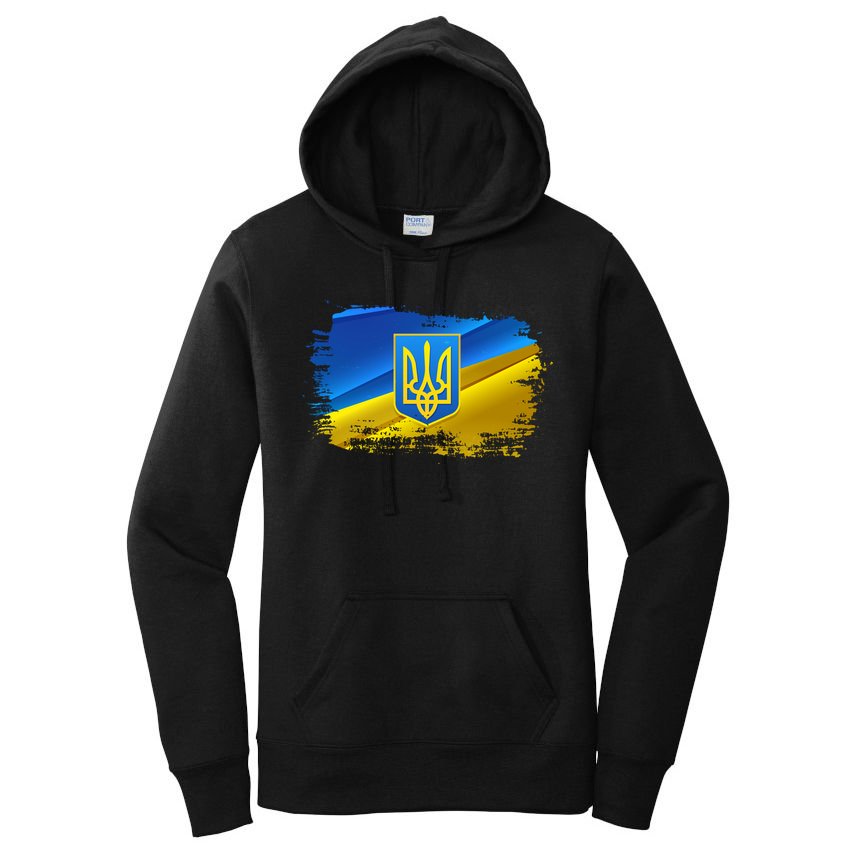 Stand With Ukraine Distressed Coat Of Arms Crest Flag Women's Pullover Hoodie