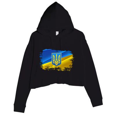 Stand With Ukraine Distressed Coat Of Arms Crest Flag Crop Fleece Hoodie