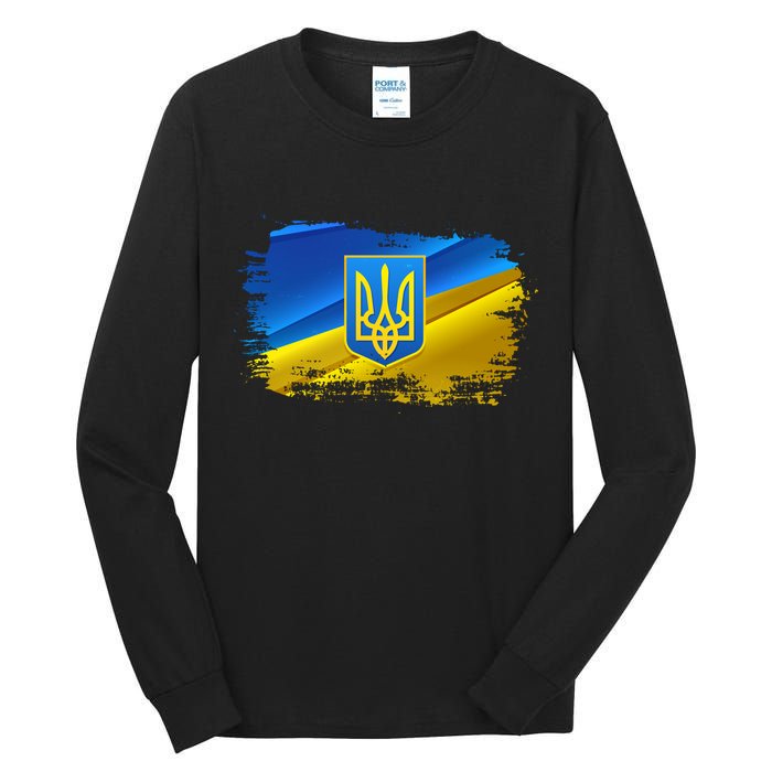 Stand With Ukraine Distressed Coat Of Arms Crest Flag Tall Long Sleeve T-Shirt