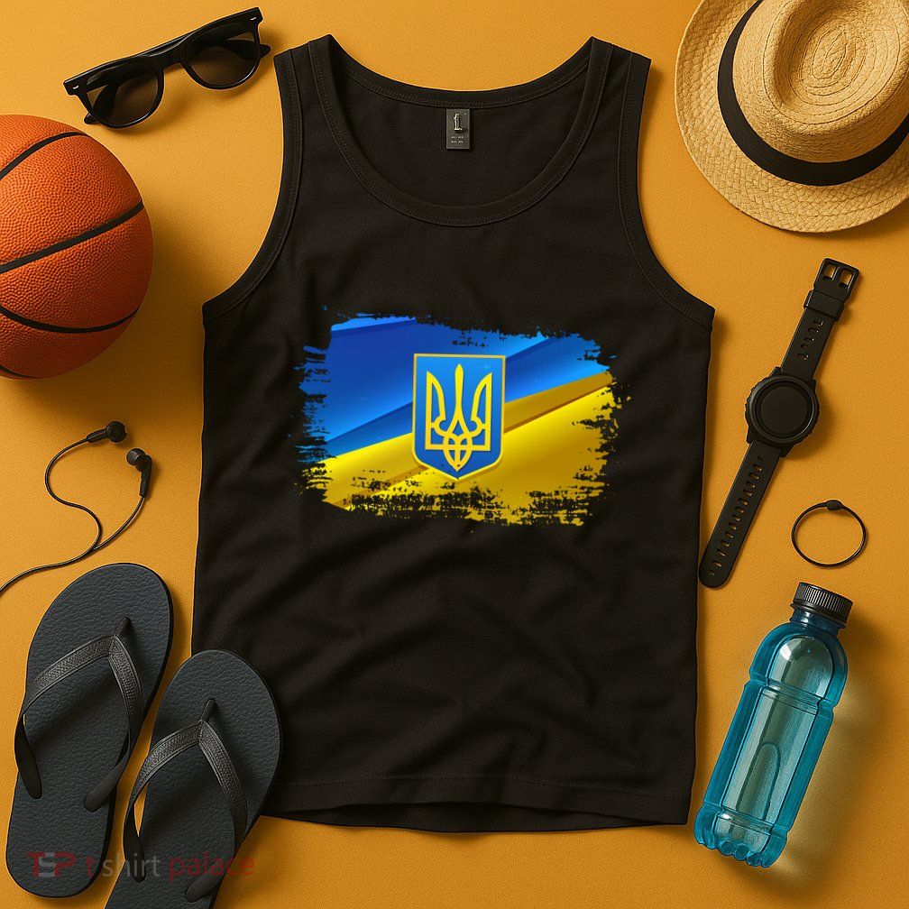 Stand With Ukraine Distressed Coat Of Arms Crest Flag Tank Top
