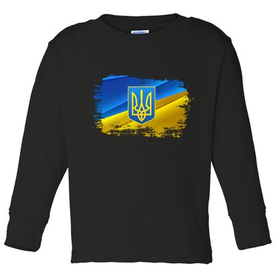 Stand With Ukraine Distressed Coat Of Arms Crest Flag Toddler Long Sleeve Shirt