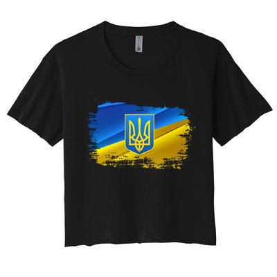 Stand With Ukraine Distressed Coat Of Arms Crest Flag Crop Top