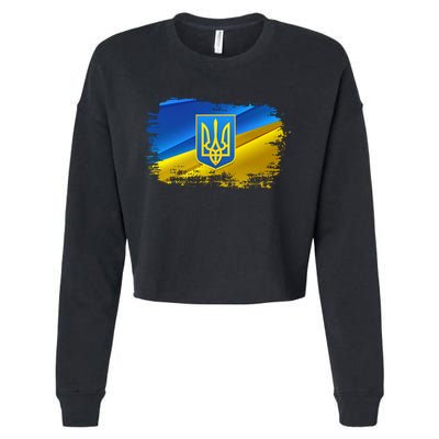 Stand With Ukraine Distressed Coat Of Arms Crest Flag Cropped Pullover Crew