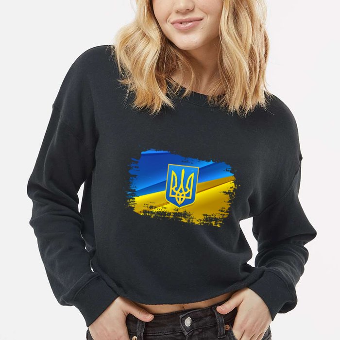 Stand With Ukraine Distressed Coat Of Arms Crest Flag Cropped Pullover Crew