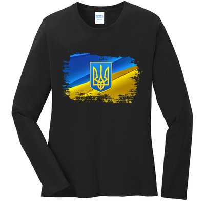 Stand With Ukraine Distressed Coat Of Arms Crest Flag Ladies Long Sleeve Shirt