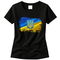 Stand With Ukraine Distressed Coat Of Arms Crest Flag Womens T-Shirt