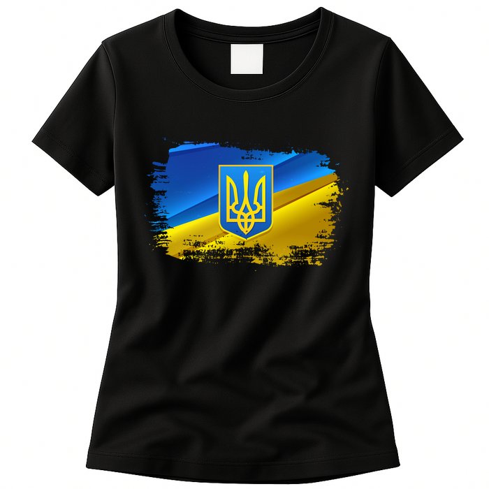 Stand With Ukraine Distressed Coat Of Arms Crest Flag Womens T-Shirt