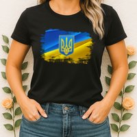 Stand With Ukraine Distressed Coat Of Arms Crest Flag Womens T-Shirt