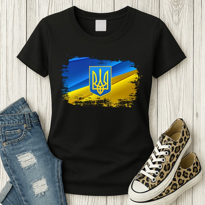 Stand With Ukraine Distressed Coat Of Arms Crest Flag Womens T-Shirt