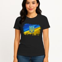 Stand With Ukraine Distressed Coat Of Arms Crest Flag Womens T-Shirt