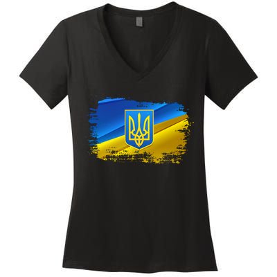 Stand With Ukraine Distressed Coat Of Arms Crest Flag Women's V-Neck T-Shirt