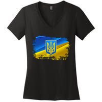 Stand With Ukraine Distressed Coat Of Arms Crest Flag Women's V-Neck T-Shirt