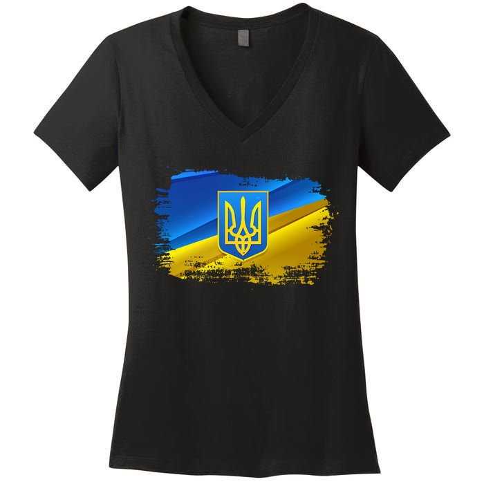 Stand With Ukraine Distressed Coat Of Arms Crest Flag Women's V-Neck T-Shirt