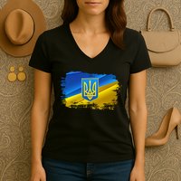 Stand With Ukraine Distressed Coat Of Arms Crest Flag Women's V-Neck T-Shirt