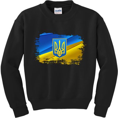 Stand With Ukraine Distressed Coat Of Arms Crest Flag Kids Sweatshirt