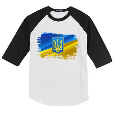 Stand With Ukraine Distressed Coat Of Arms Crest Flag Kids Colorblock Raglan Jersey