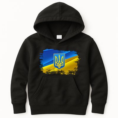 Stand With Ukraine Distressed Coat Of Arms Crest Flag Kids Hoodie