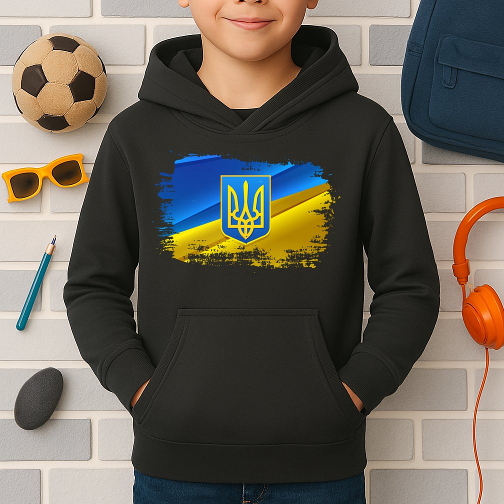 Stand With Ukraine Distressed Coat Of Arms Crest Flag Kids Hoodie