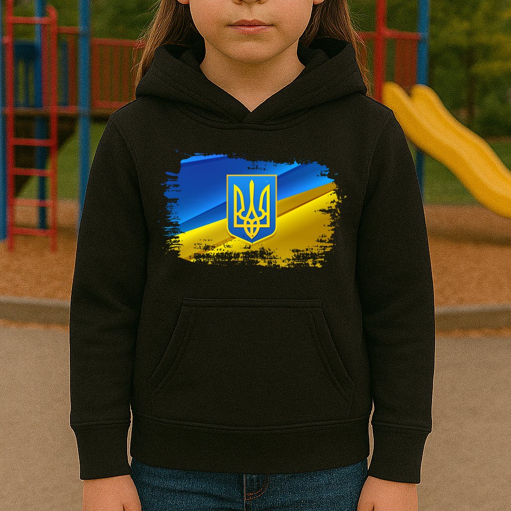 Stand With Ukraine Distressed Coat Of Arms Crest Flag Kids Hoodie