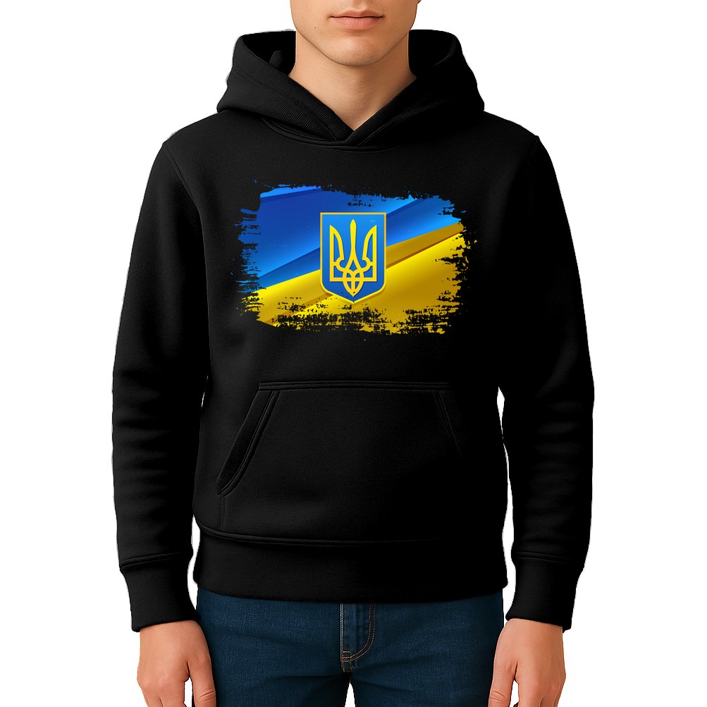 Stand With Ukraine Distressed Coat Of Arms Crest Flag Kids Hoodie