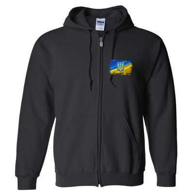 Stand With Ukraine Distressed Coat Of Arms Crest Flag Full Zip Hoodie