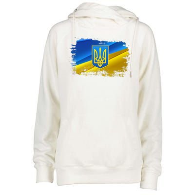 Stand With Ukraine Distressed Coat Of Arms Crest Flag Womens Funnel Neck Pullover Hood