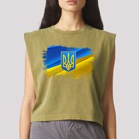 Stand With Ukraine Distressed Coat Of Arms Crest Flag Garment-Dyed Women's Muscle Tee